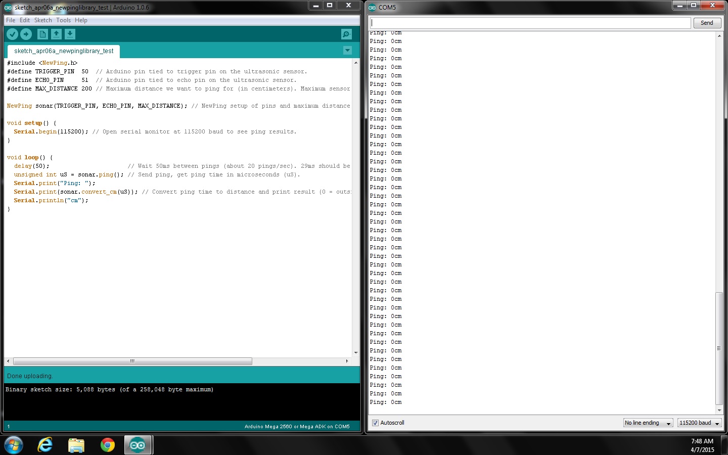 Arduino IDE with code for ultrasonic sensors and it's results